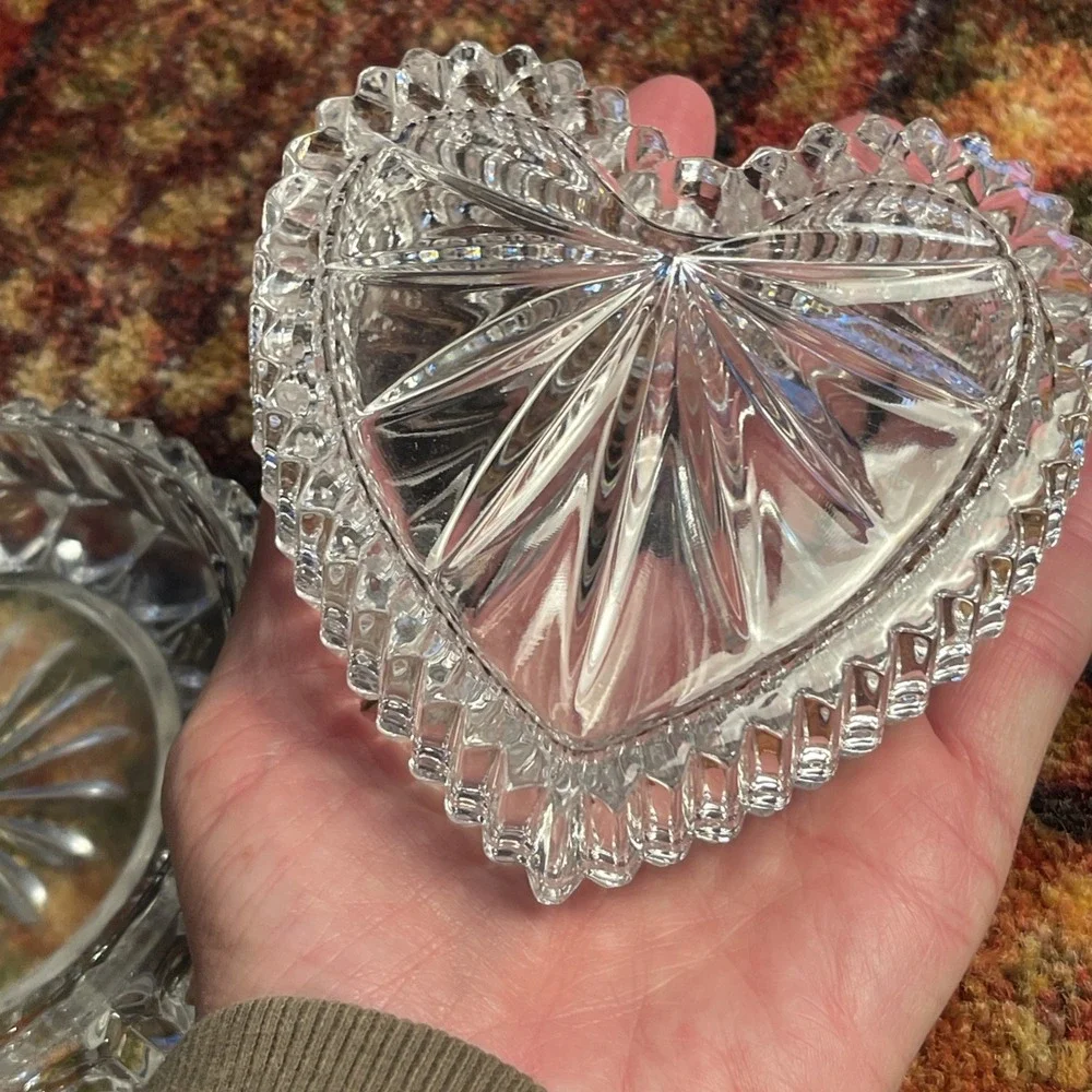 2 Clear Heavy Cut Glass Heart Shaped Trinket Vanity Box and Dish